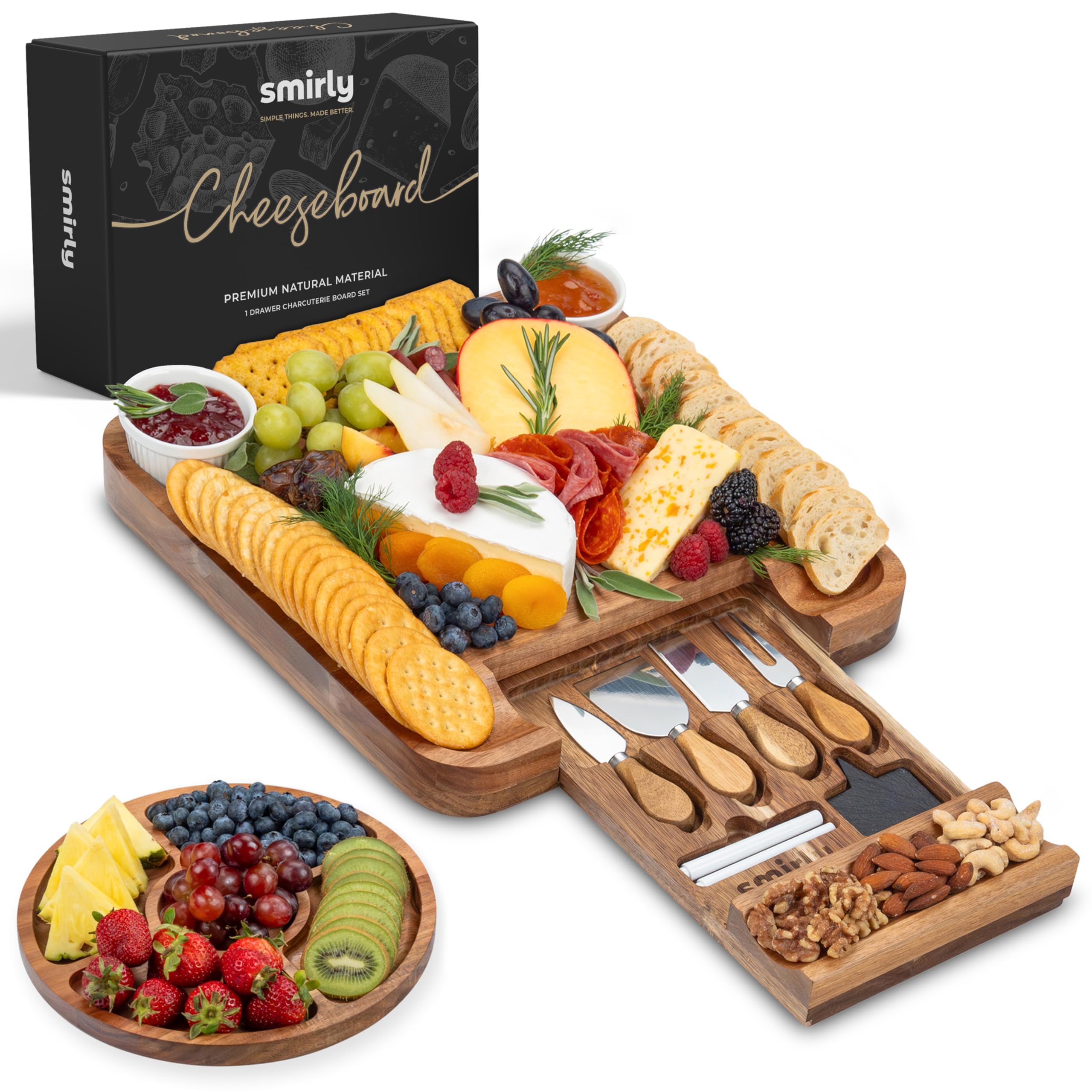 SMIRLY acacia board front view showcasing elegant presentation benefit
