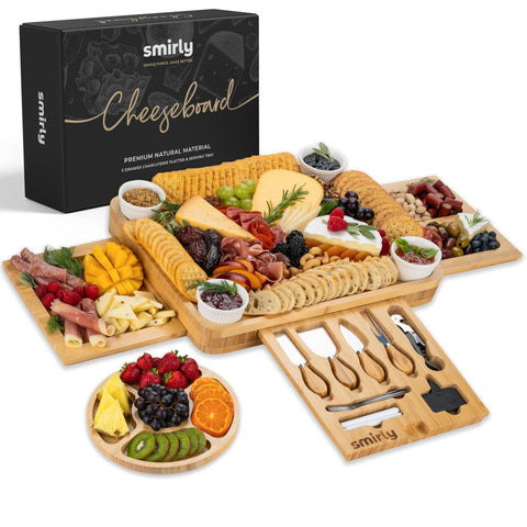SMIRLY bamboo charcuterie board front view showing full serving surface and neat edges for elegant presentation