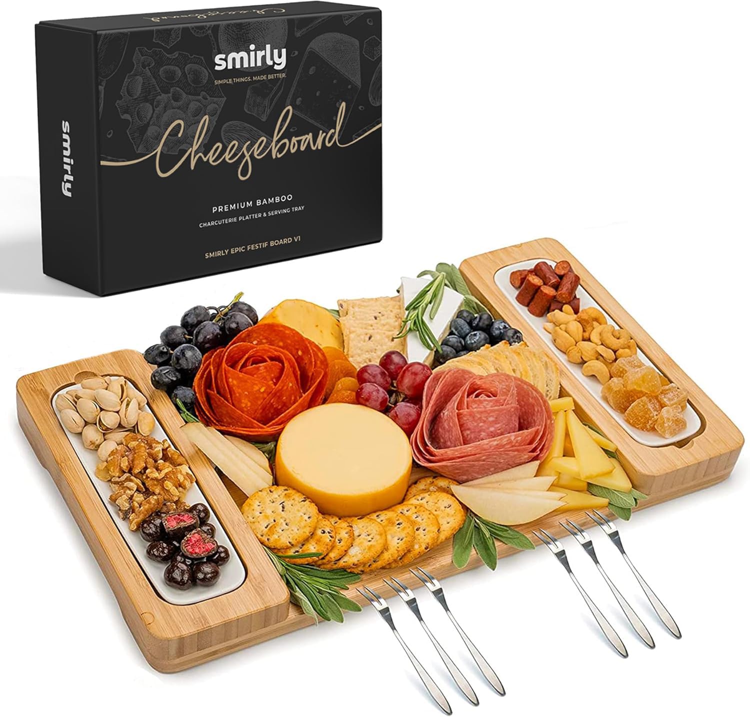 SMIRLY bamboo charcuterie board front view shows elegant serving surface