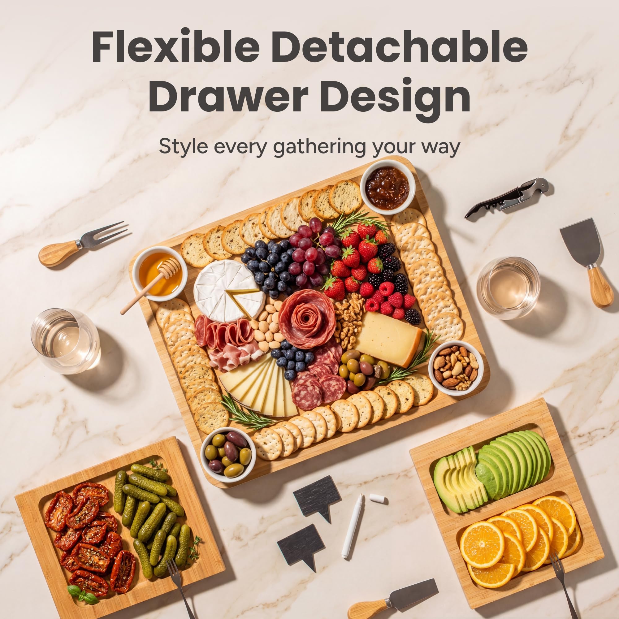 SMIRLY charcuterie board in use on dining table showcasing ample space for guests and easy serving