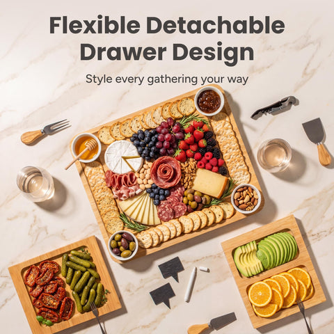 SMIRLY charcuterie board in use on dining table showcasing ample space for guests and easy serving