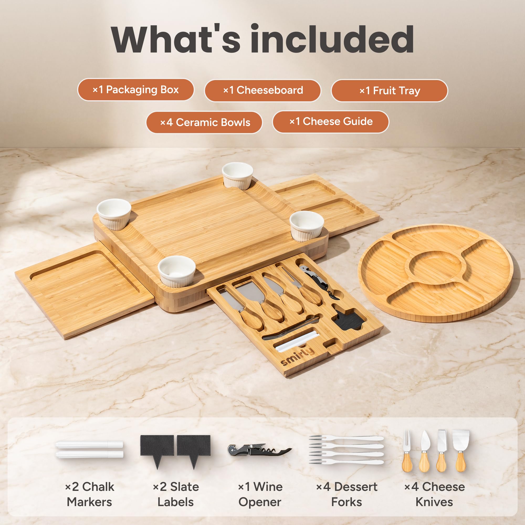 SMIRLY cheese board accessories overhead view with knives and bowls for organized, ready-to-serve entertaining
