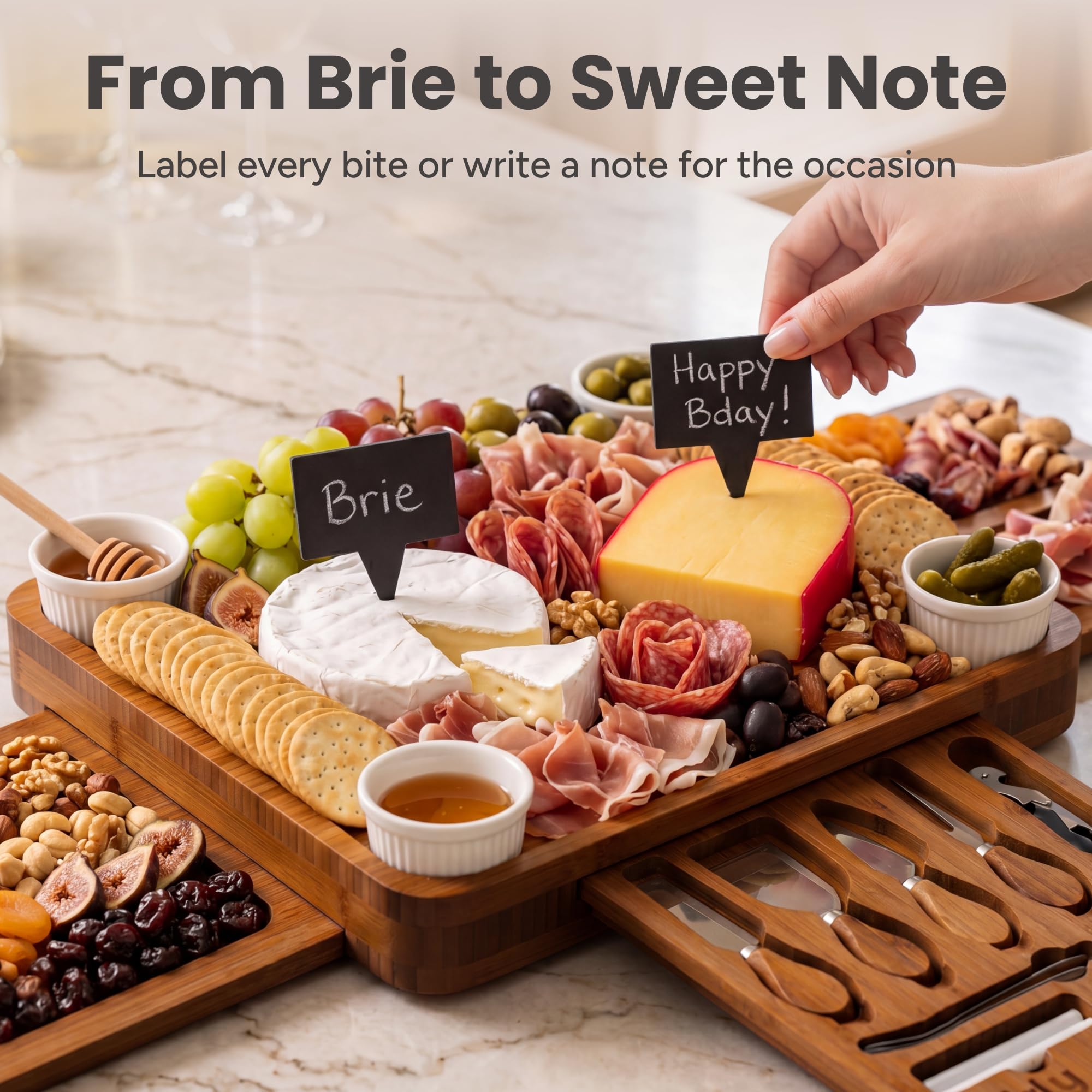 SMIRLY cheese knives and spreaders arranged for easy cutting and serving