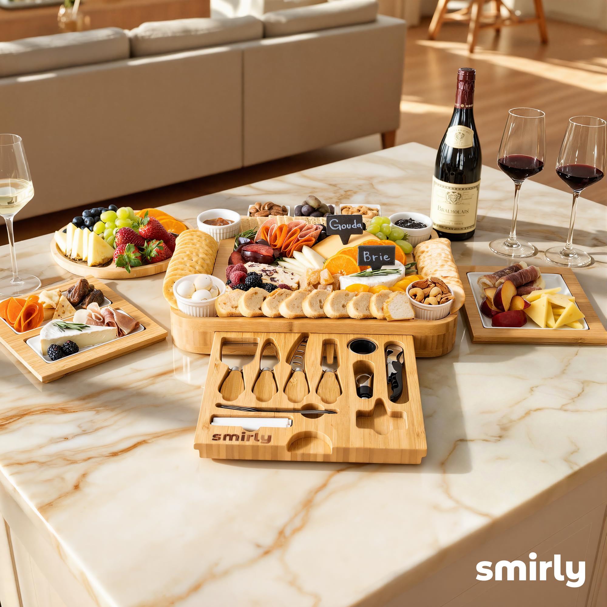 SMIRLY pull-out drawers open with snacks displayed for organized serving benefit