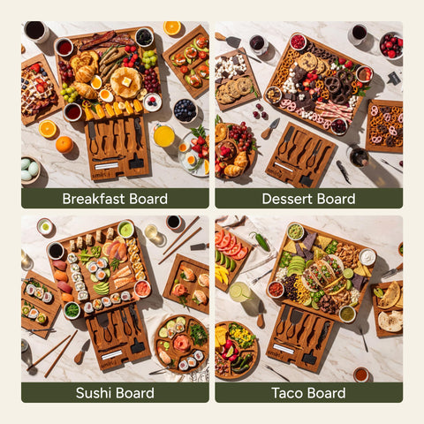 SMIRLY three-section board top view separating cheeses, meats, and crackers