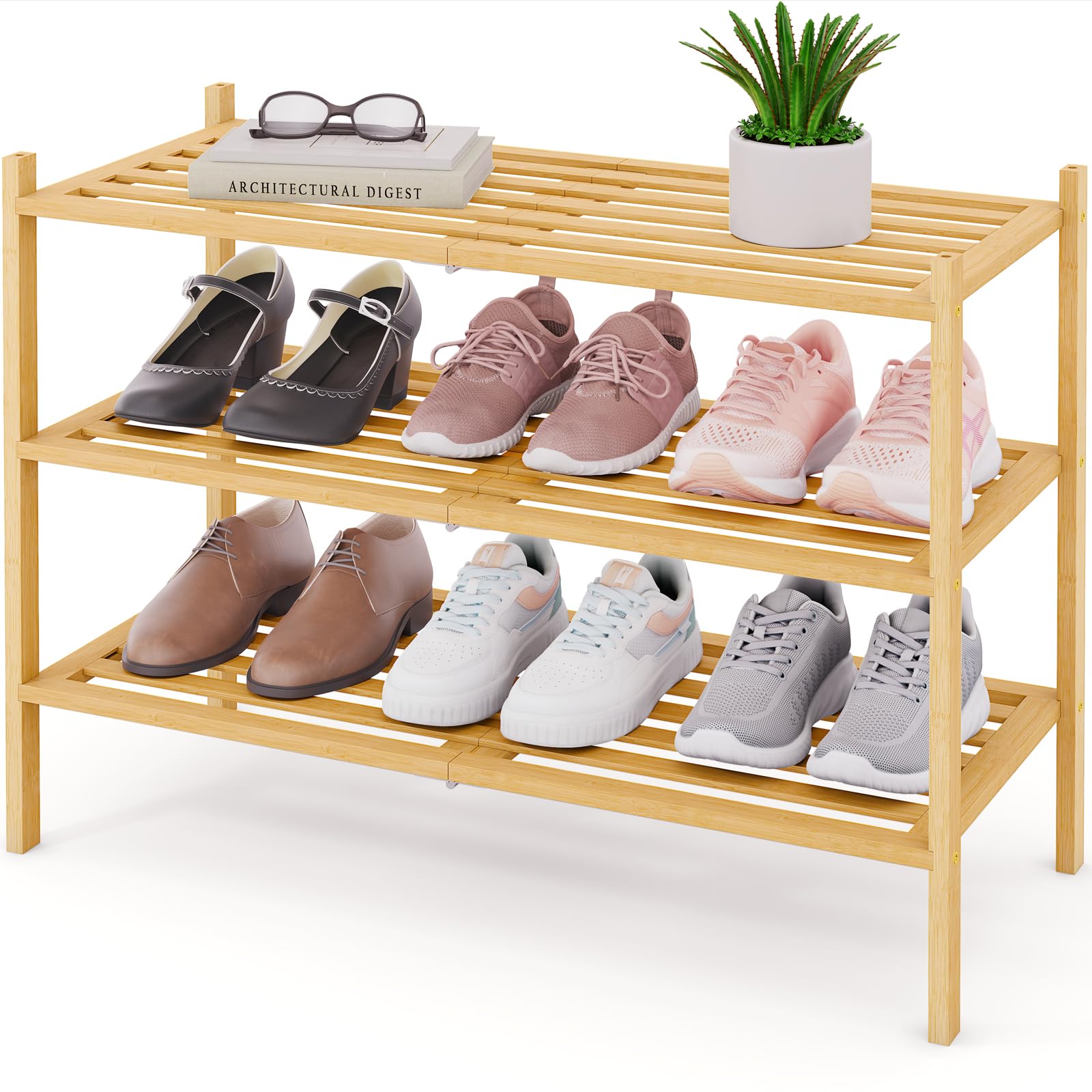 Smiry front view showing natural bamboo finish and three-tier storage benefit