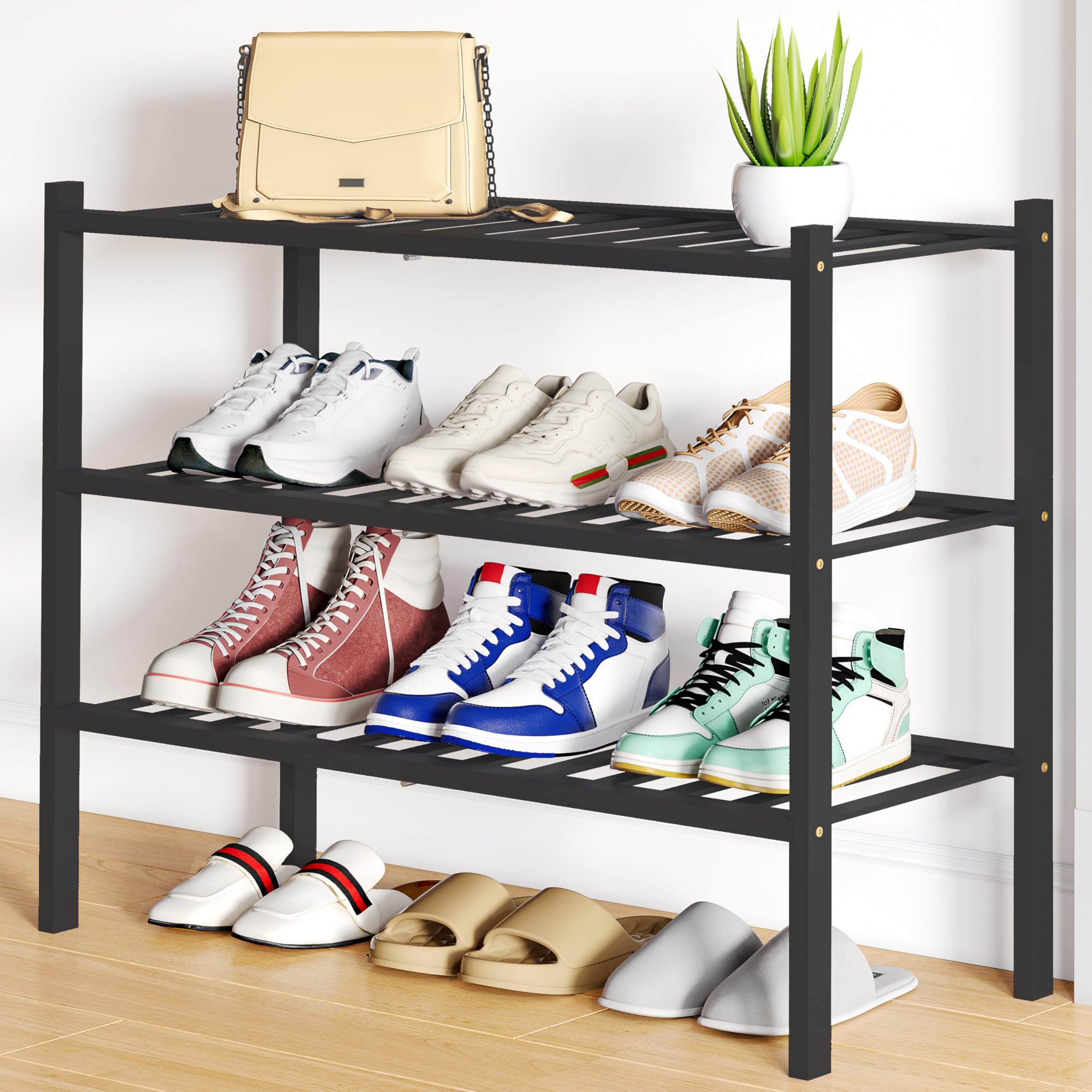 Smiry front view of black bamboo shoe rack showing neat storage and entryway appeal