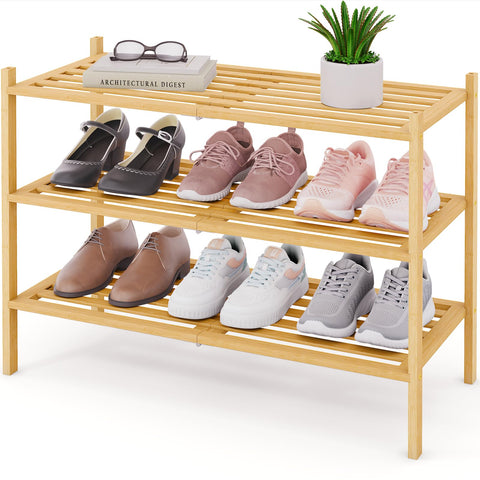 Smiry front view showing natural bamboo finish and three-tier storage benefit