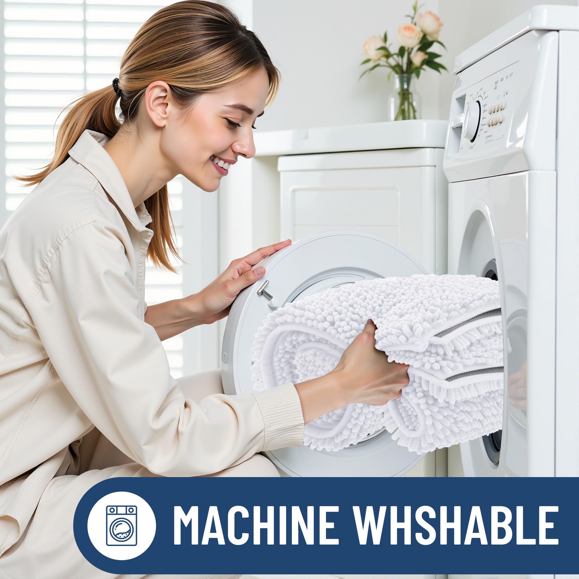 Smiry rug in washing machine representing easy-care machine-washable convenience