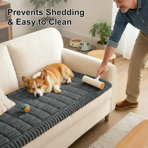 Smiry cover on leather sofa protecting against hair and scratches