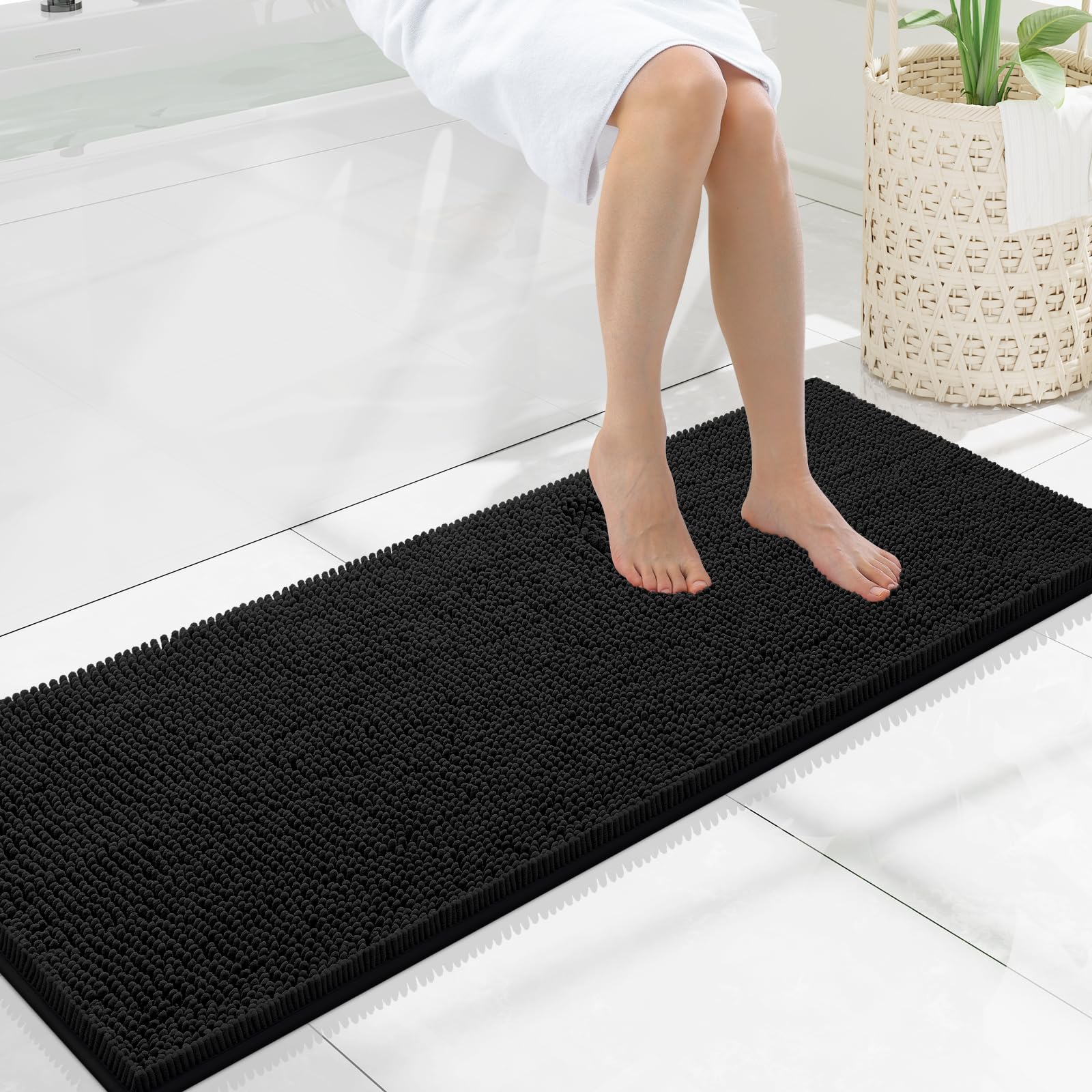 Smiry front view of bath mat showing plush pile and neat edges for comfort