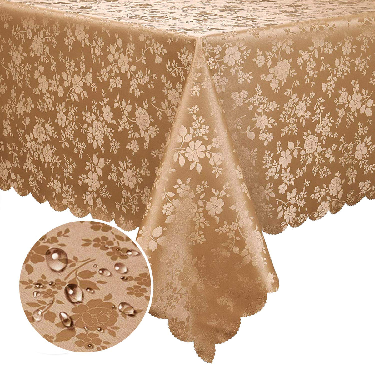 Smiry front view of embossed floral tablecloth showing decorative pattern and protection