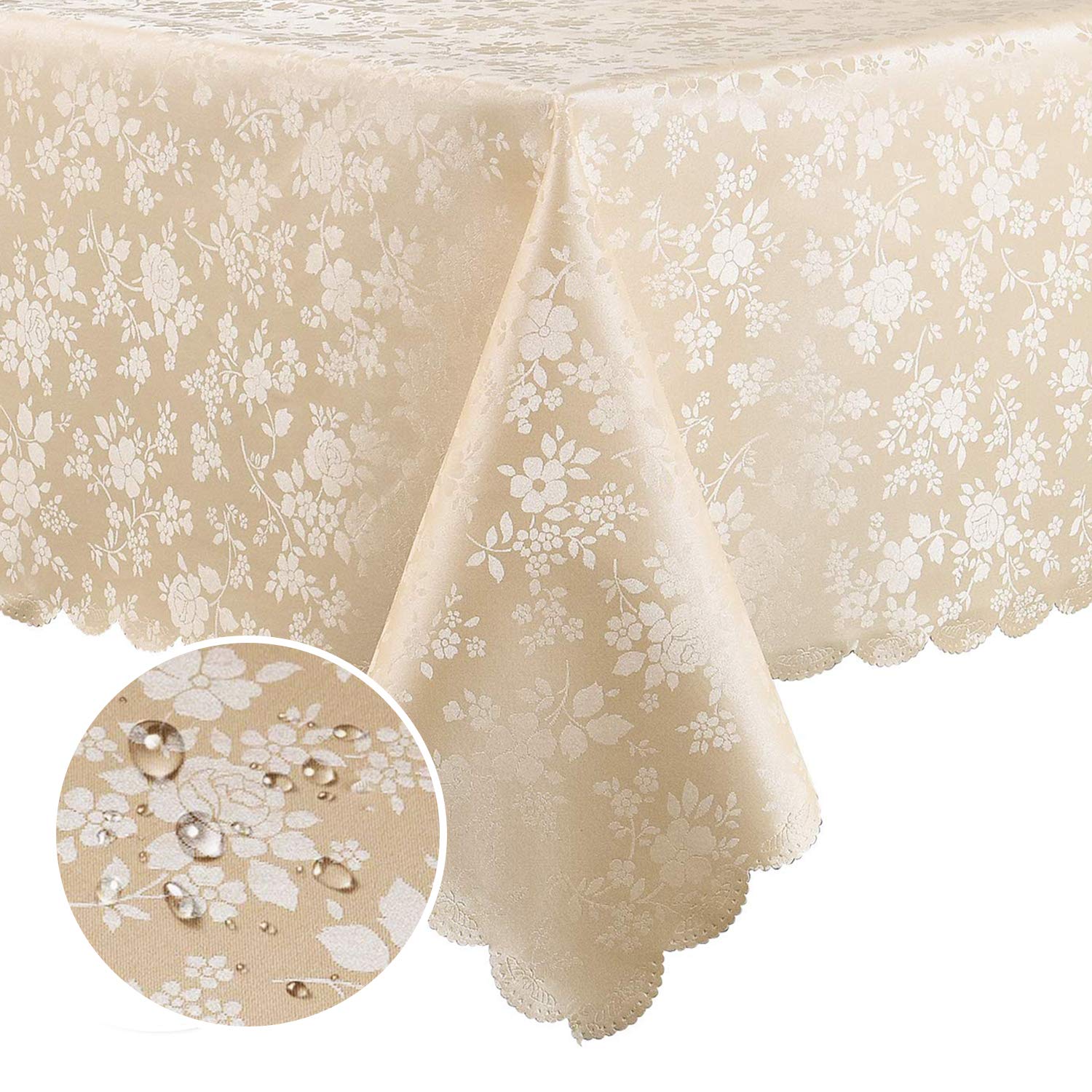 Smiry front view of 60x120 inch vinyl tablecloth showing floral design and packaging benefit