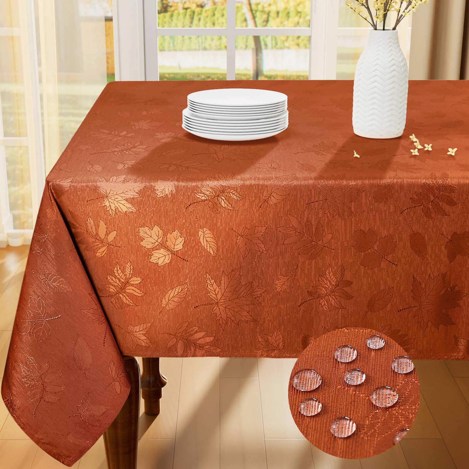 Smiry front view of rust tablecloth showing full drape and elegant finish