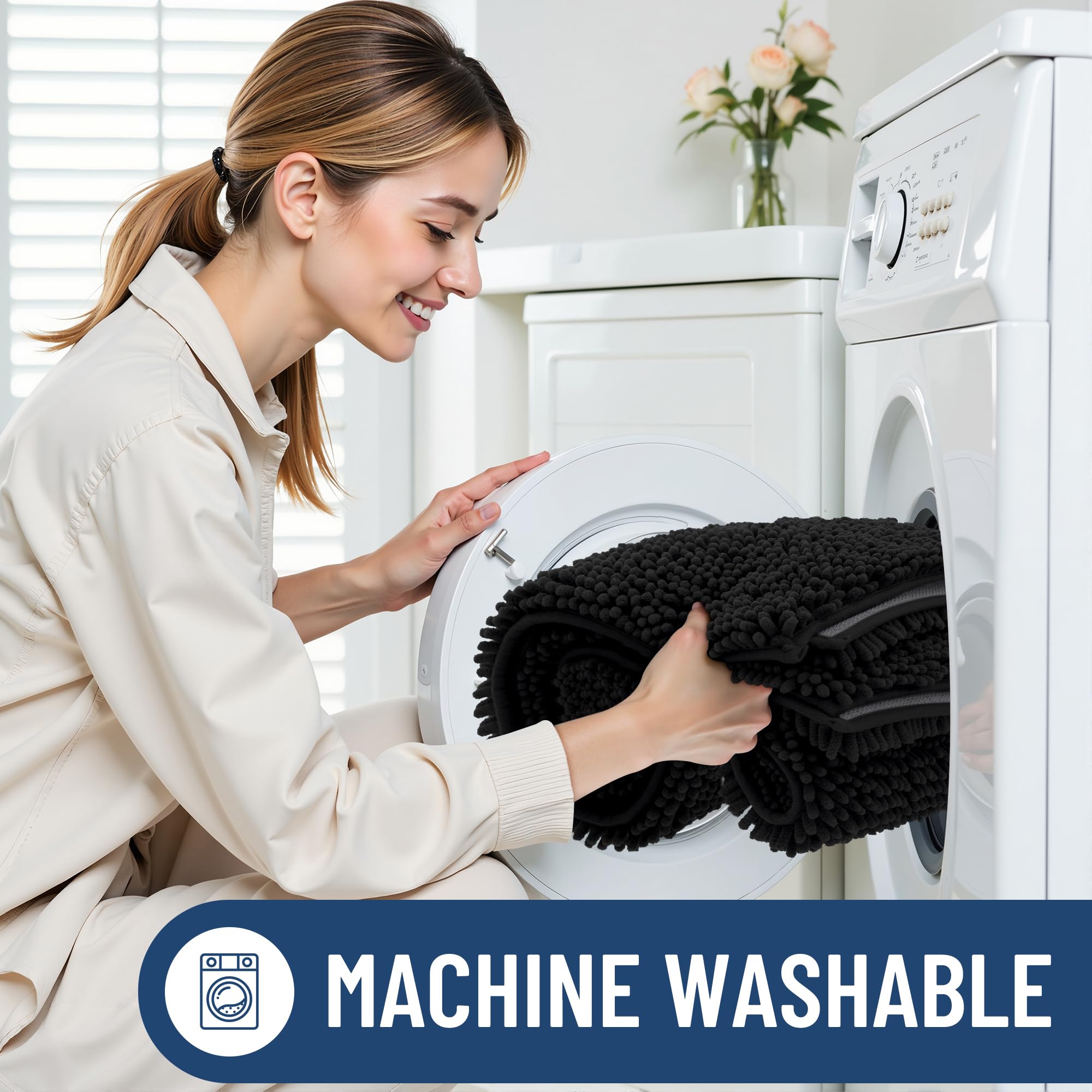 Smiry rug in washing machine prepped for easy cleaning and low maintenance