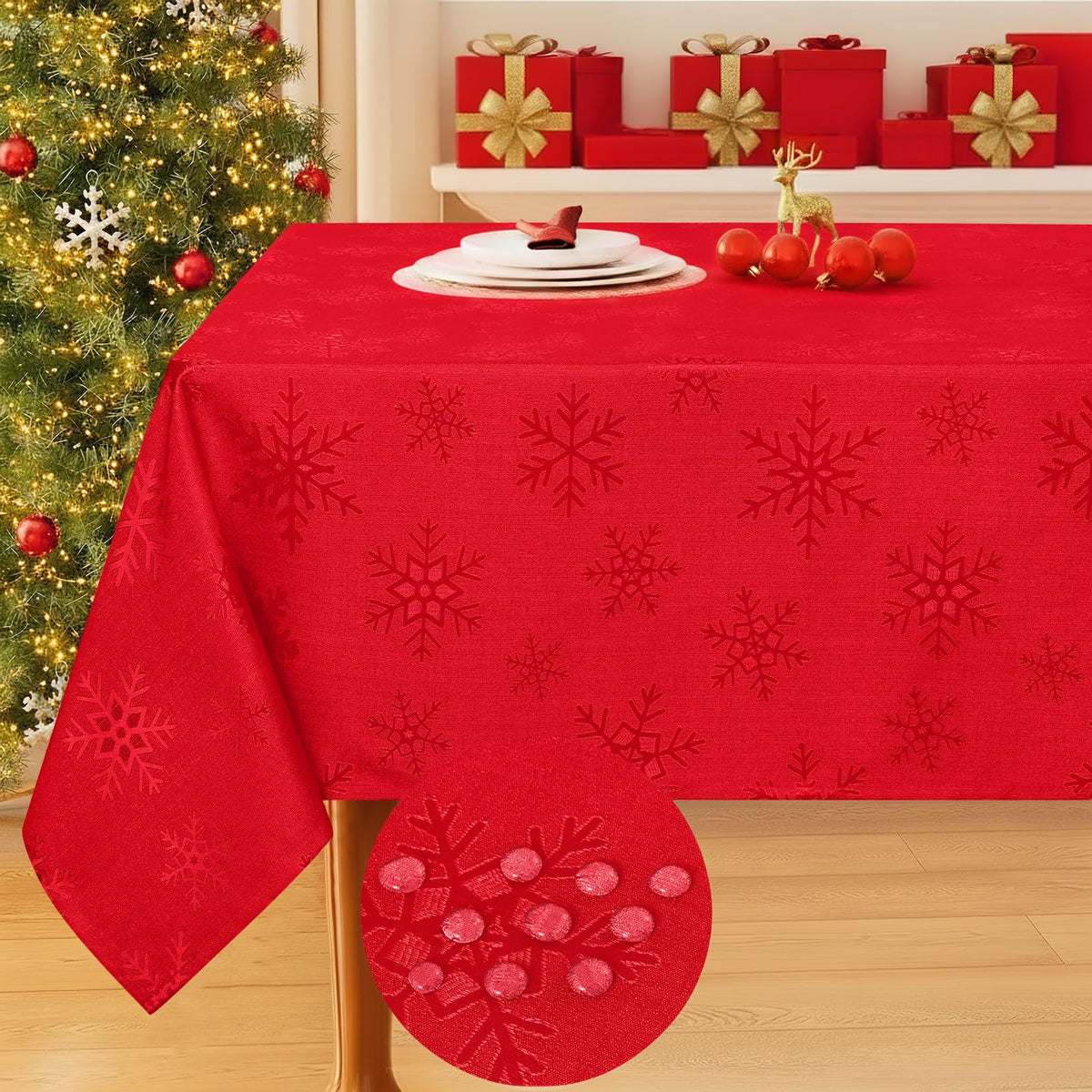 Smiry red damask front view showing full table coverage and festive look