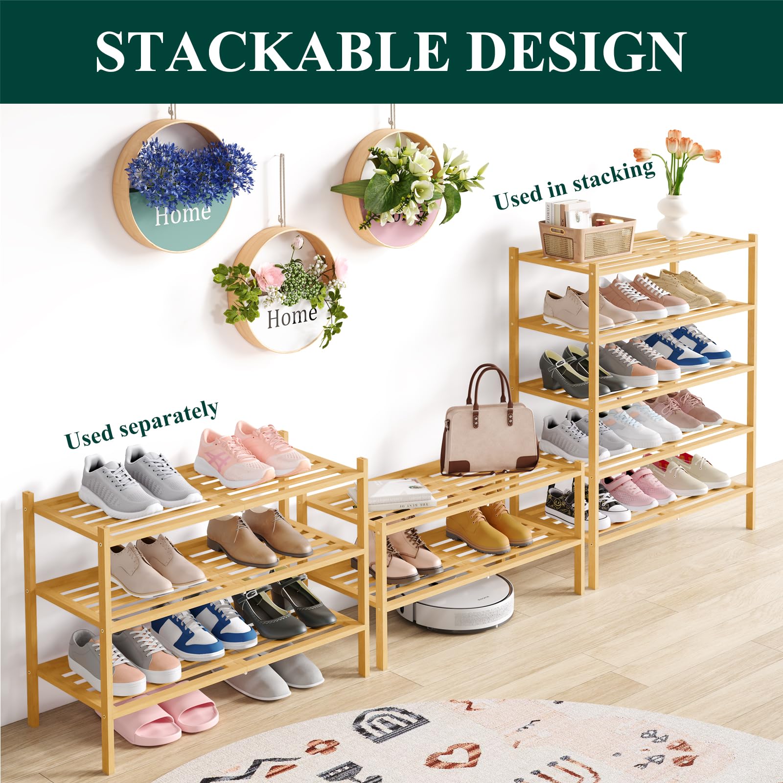 Smiry in entryway holding shoes demonstrating compact organization benefit