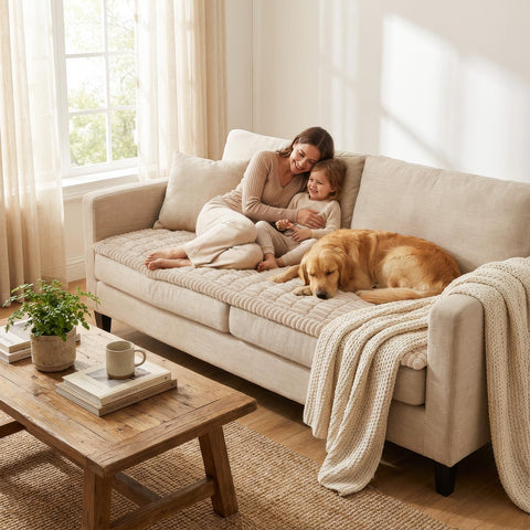 Smiry size and scale on sofa showing full coverage for furniture protection
