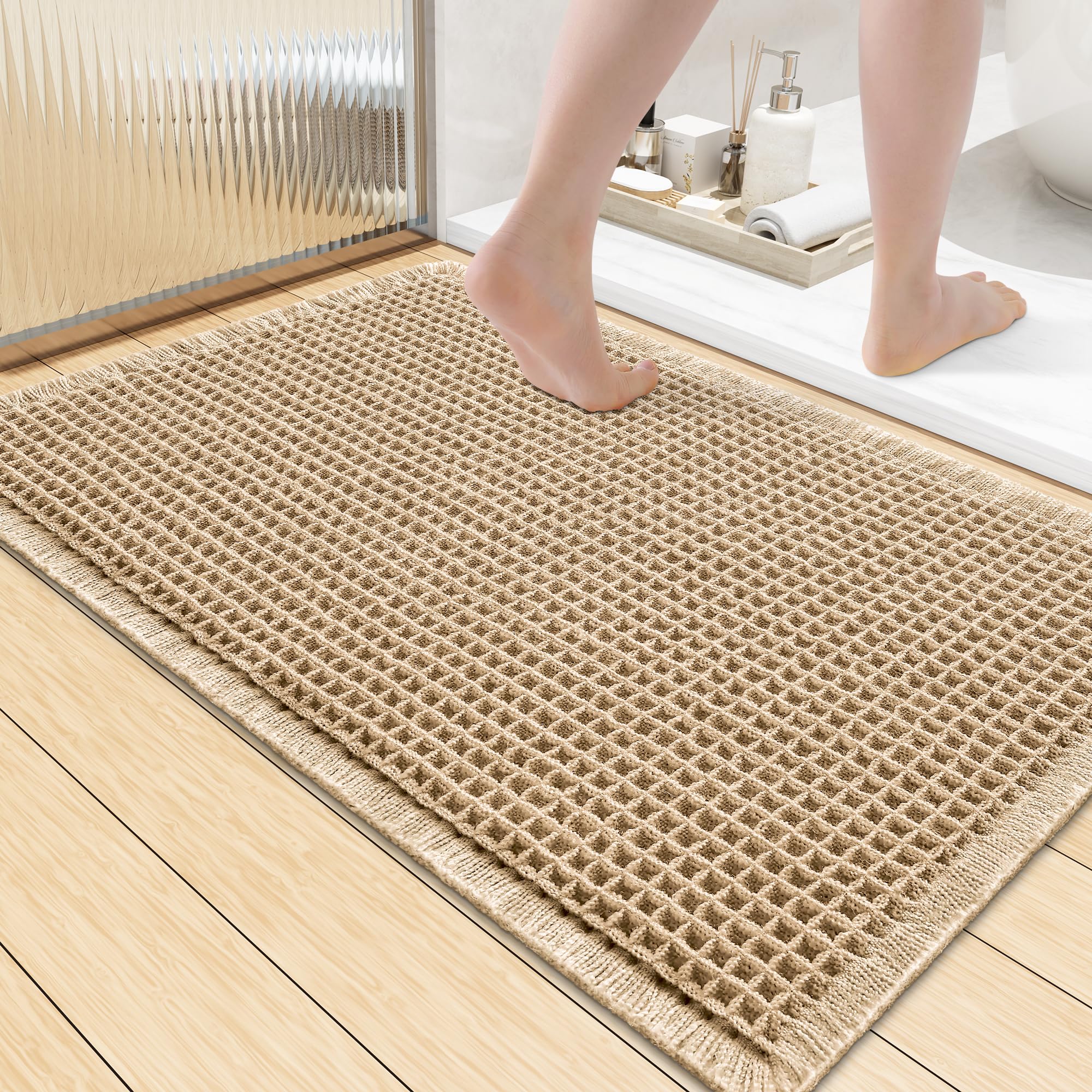 Smiry bath mat front view showing brown waffle pattern and tidy edges benefits safe, dry footing