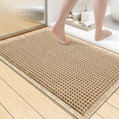 Smiry bath mat front view showing brown waffle pattern and tidy edges benefits safe, dry footing