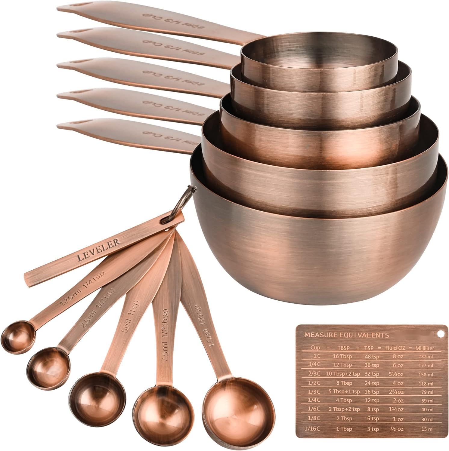 smithcraft front view of copper measuring cups and spoons set showing complete kit and benefit of full set