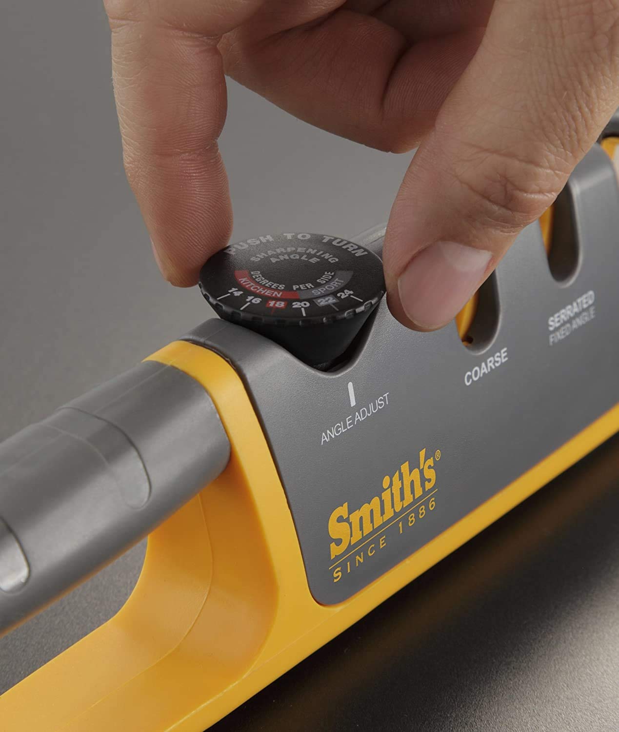 Smith's angle dial closeup illustrating six adjustable settings for accurate grinds
