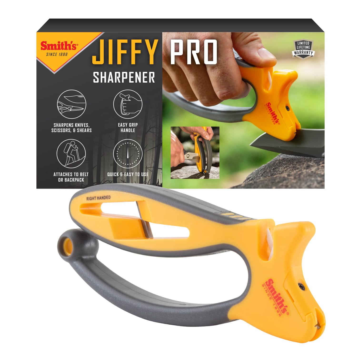 Smith's Jiffy-Pro front view showing compact sharpener and benefits of portability
