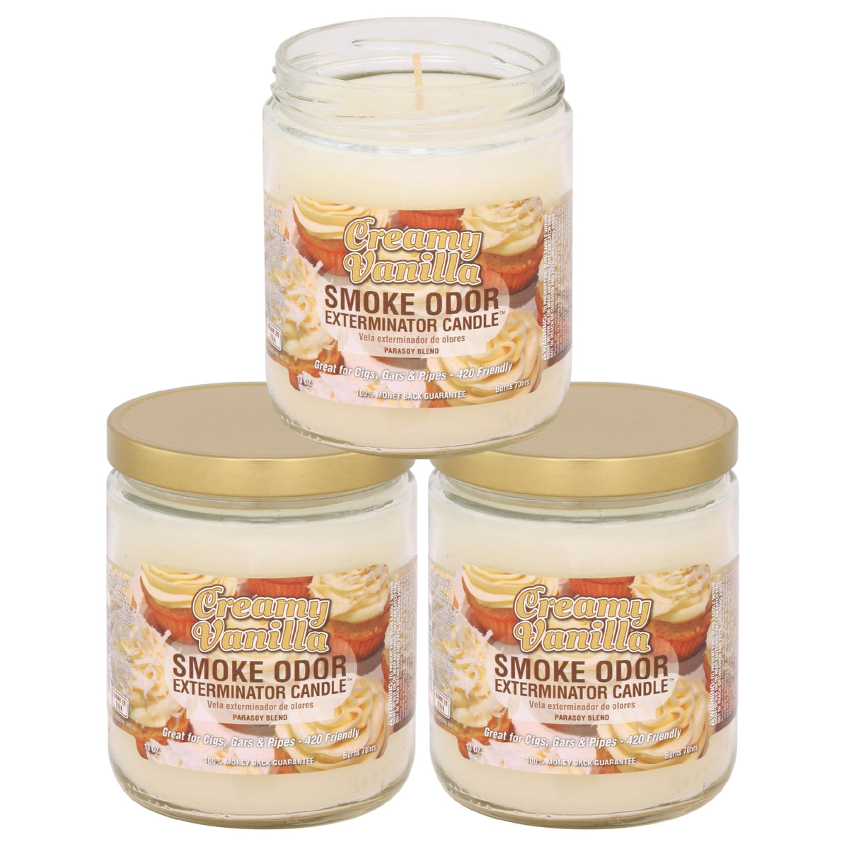 Smoke Odor Exterminator jar candle front view shows creamy vanilla and odor control benefit