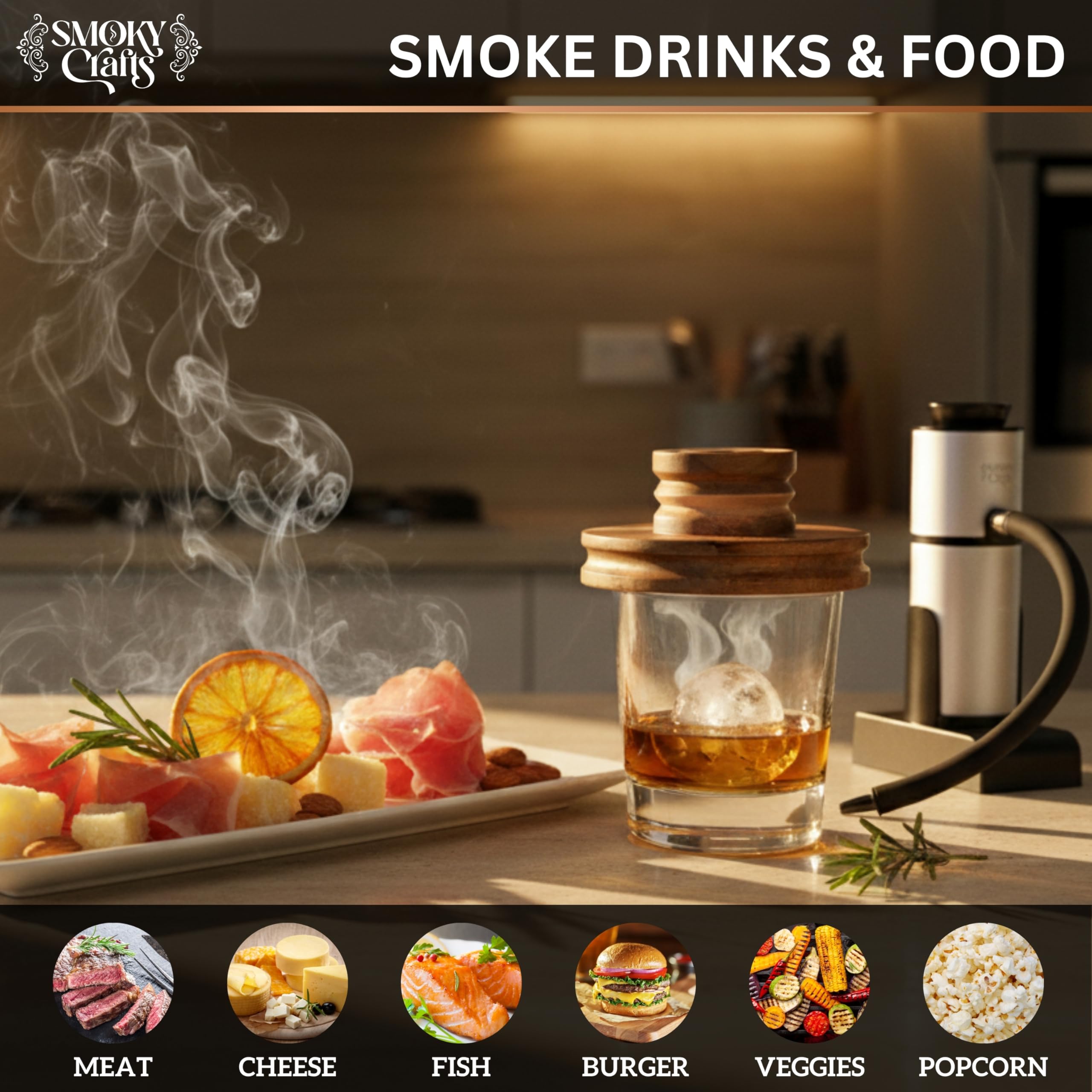 Smoky Crafts lifestyle home bar display showing elegant acacia top as a stylish gift