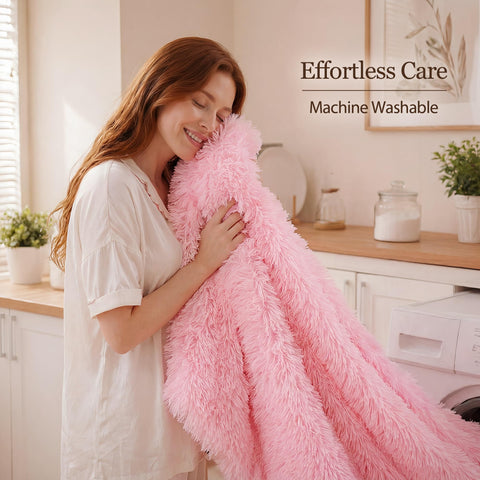 Smoofy styled bedroom scene showing pink comforter adding modern warmth
