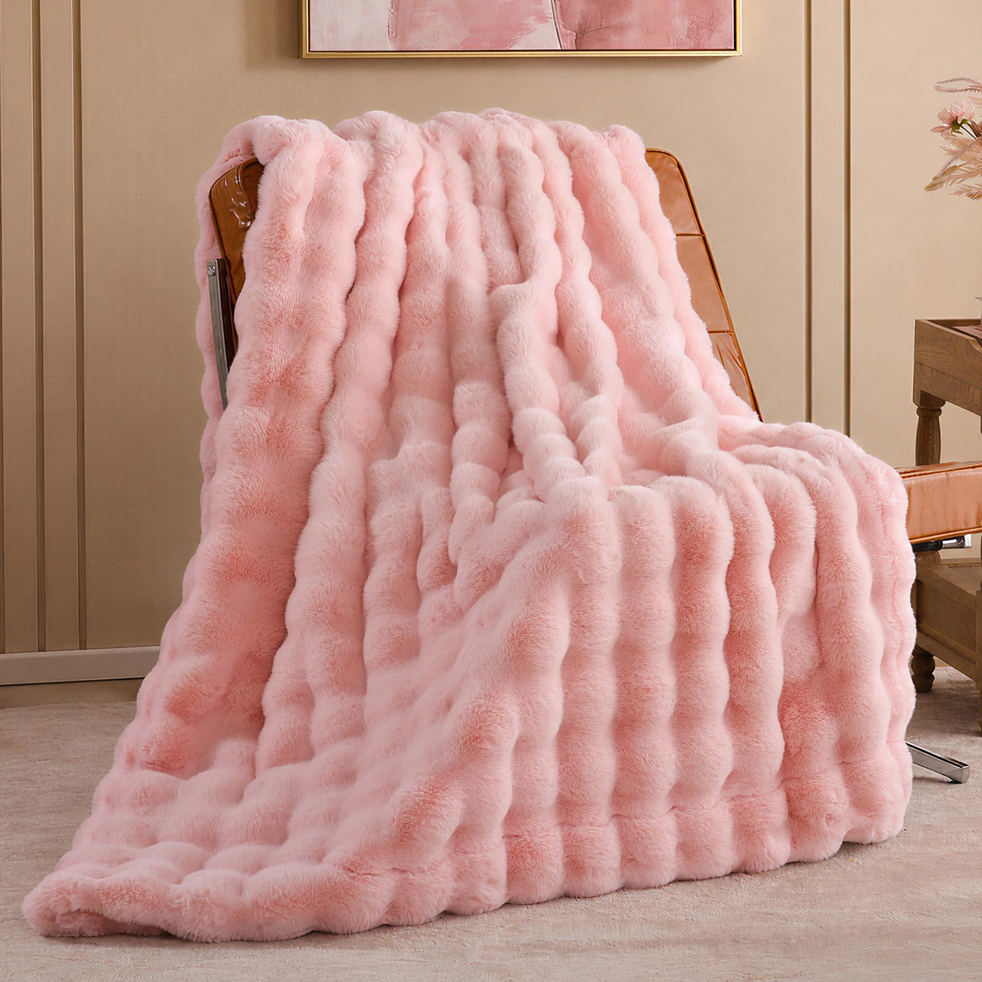 Smoofy front view blush pink throw showing full bubble texture and decorative appeal