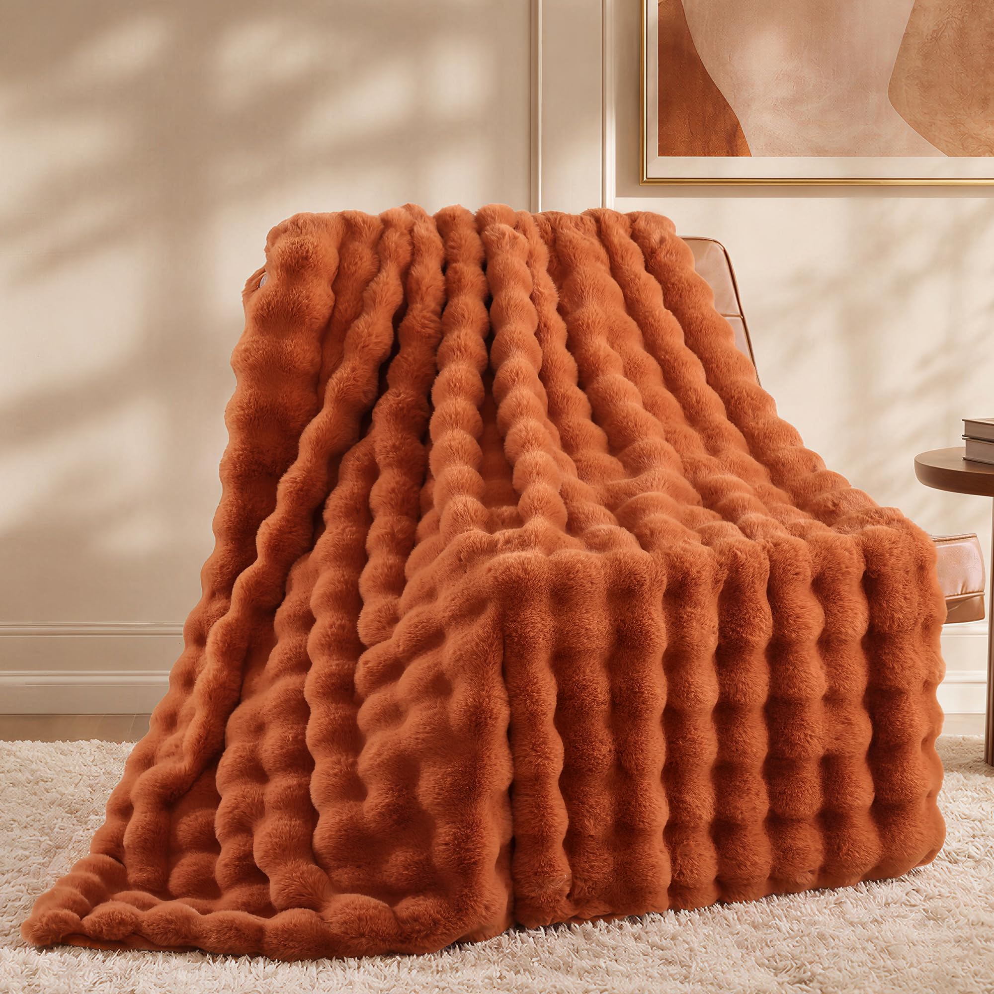 Smoofy front view of burnt orange throw showcasing plush bubble texture and cozy appeal