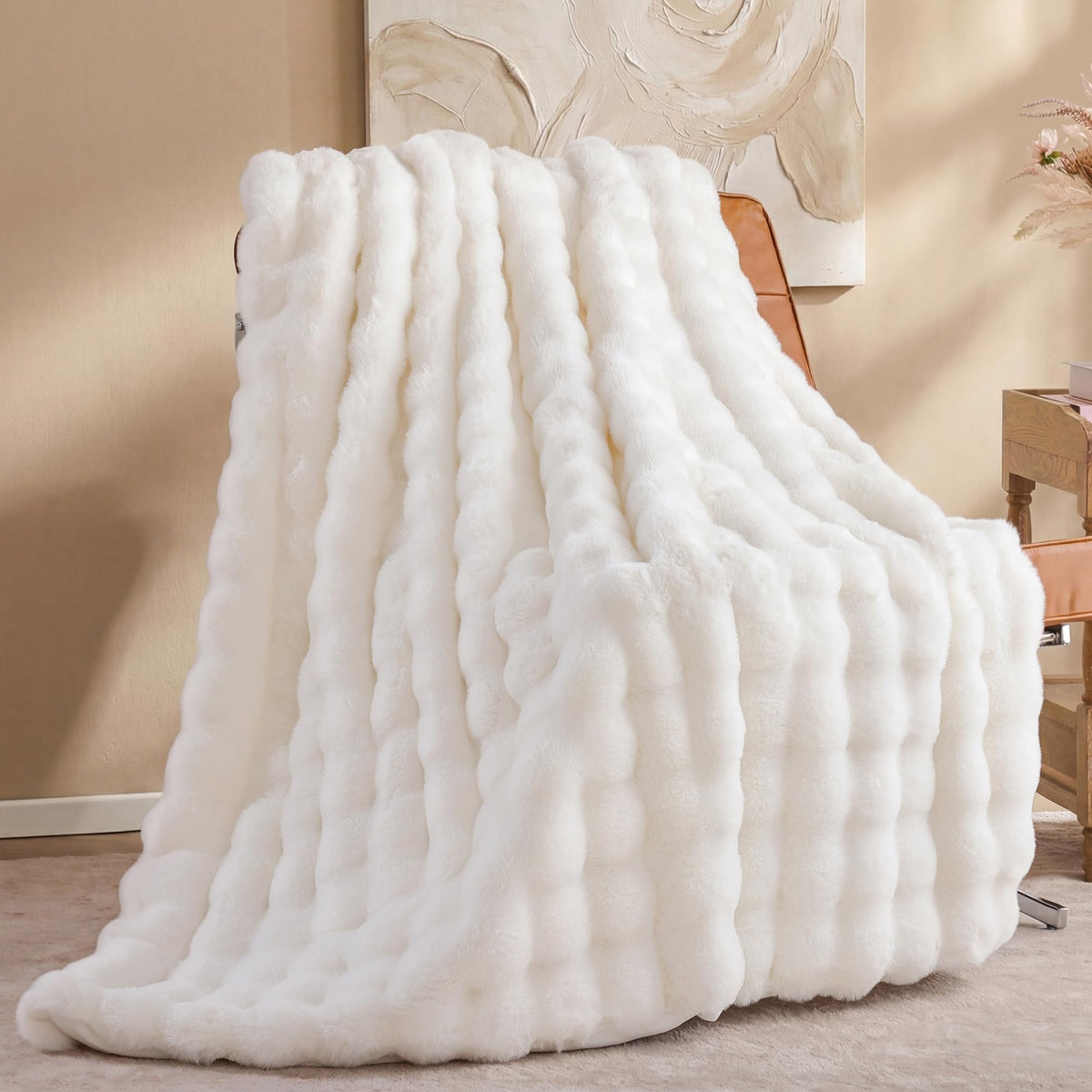 Smoofy front view of cream bubble throw showing elegant styling benefit