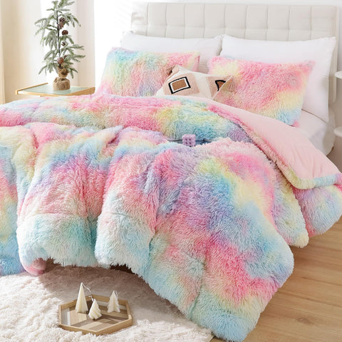 Smoofy front view of rainbow comforter showing vibrant color and cozy look