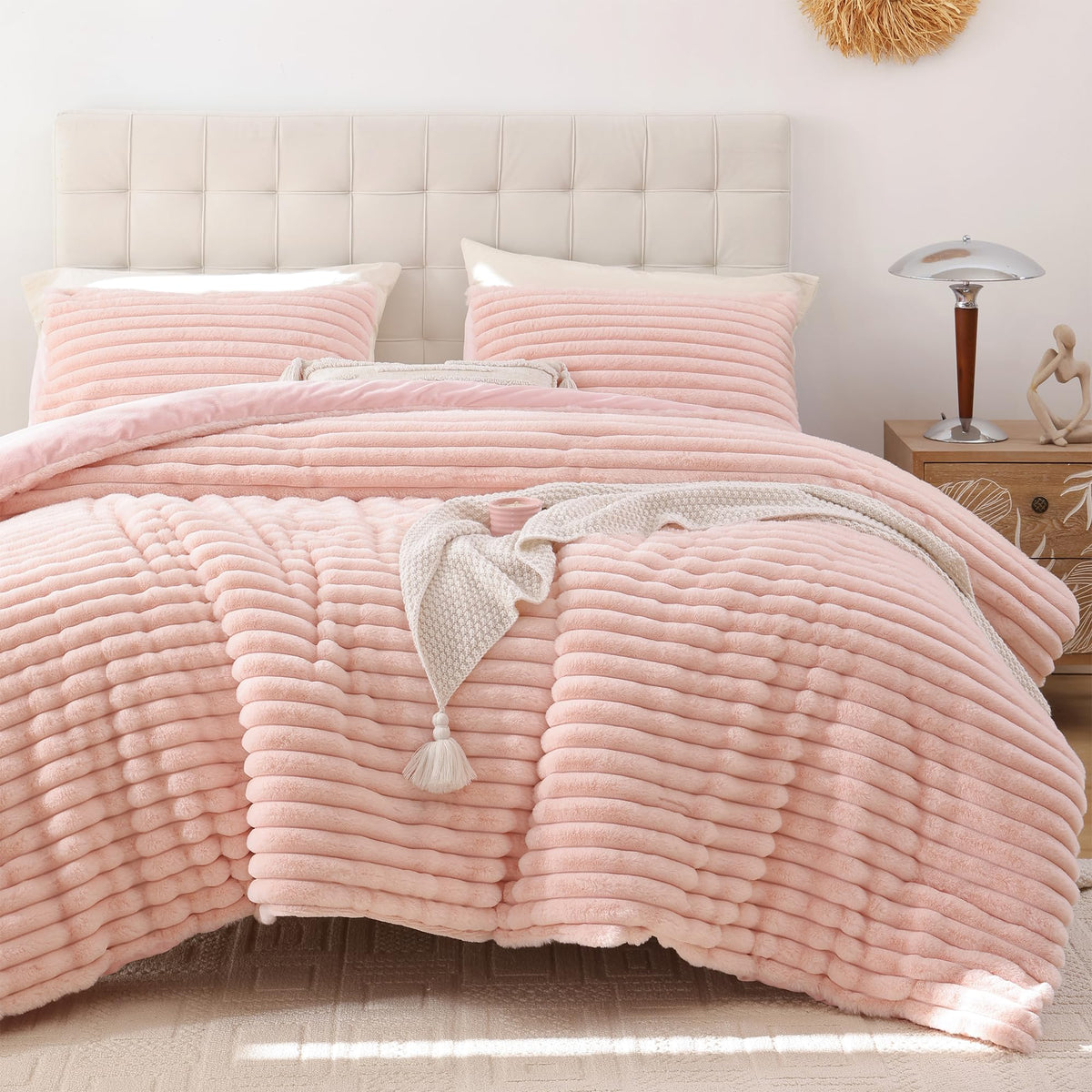 Smoofy front view of blush pink comforter showcasing plush finish and cozy look