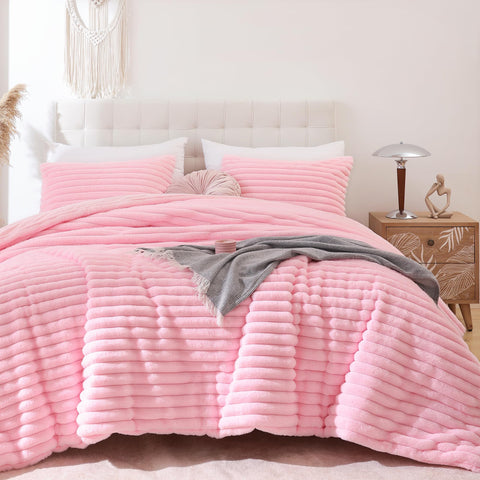 Smoofy front view comforter showing plush pink finish and neat drape