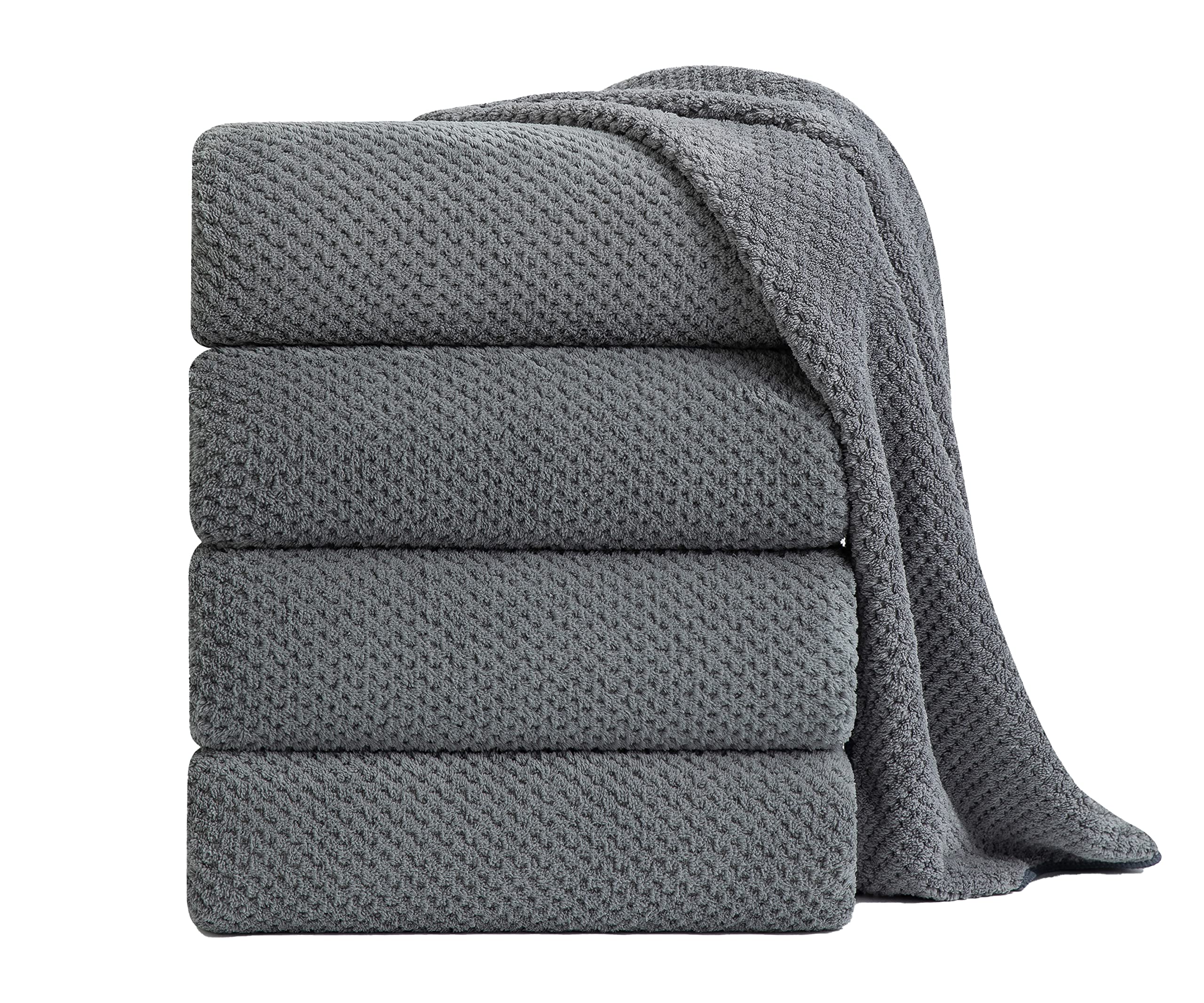 Smuge front packaging showing four gray oversized bath sheets and value pack benefit