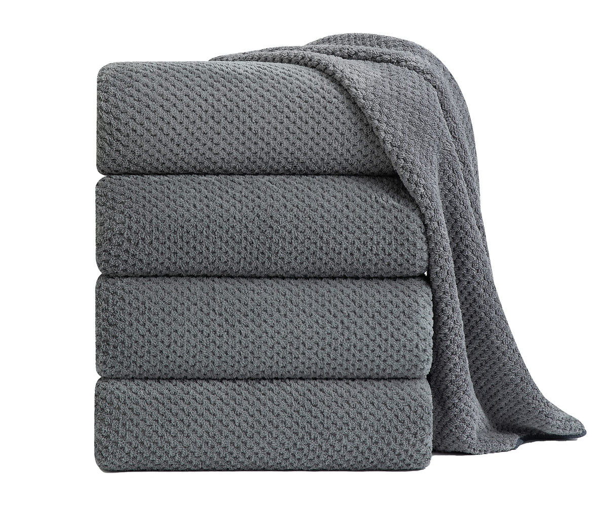 Smuge front packaging showing four gray oversized bath sheets and value pack benefit