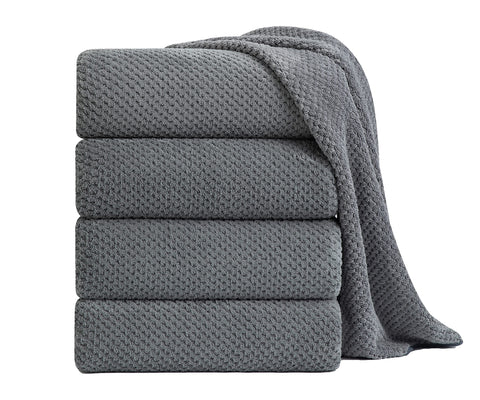 Smuge front packaging showing four gray oversized bath sheets and value pack benefit