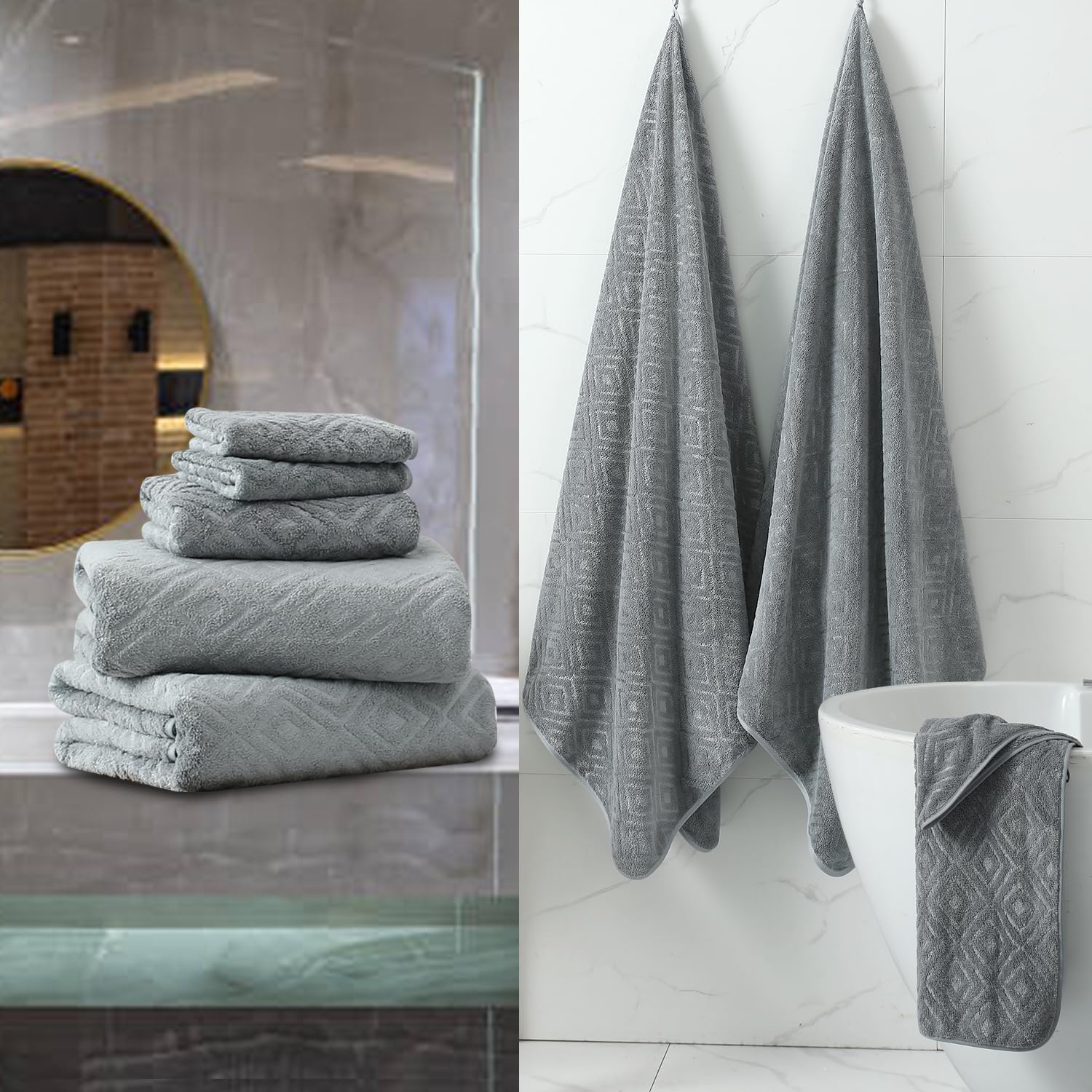 Smuge hand towel hung by sink demonstrating quick-dry convenience and tidy bathroom look