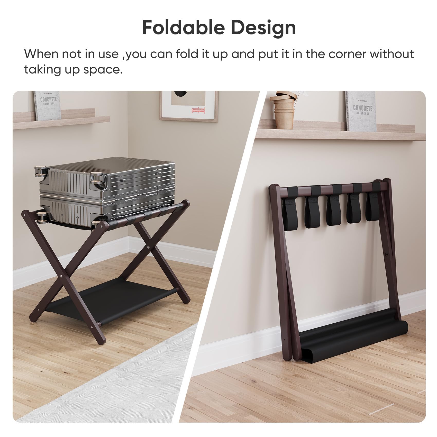 Smuxee folded flat luggage rack demonstrating slim storage profile under bed