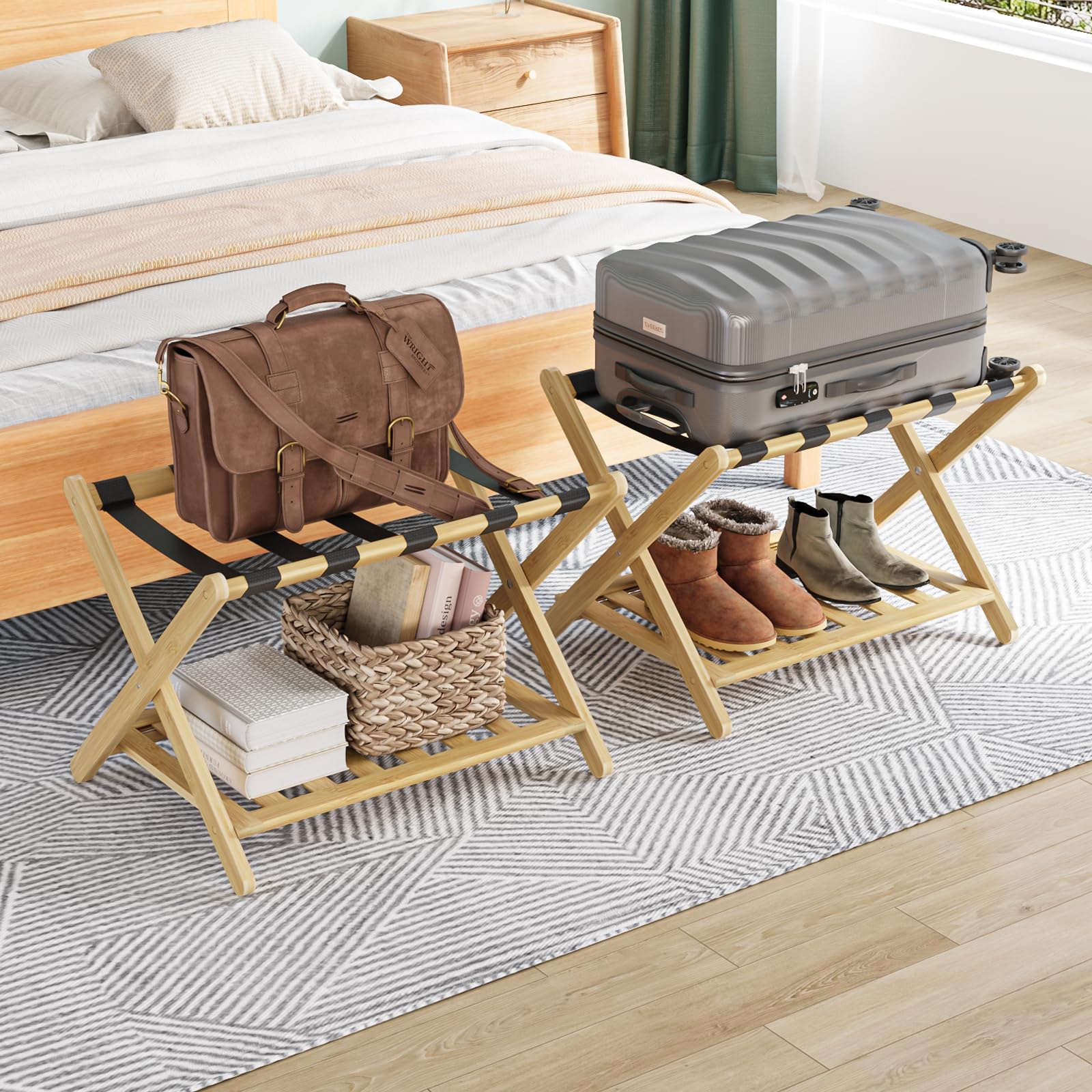 Smuxee front view of fully assembled bamboo luggage rack showing sturdy support