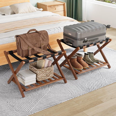 Smuxee front view of assembled bamboo luggage rack showing stability and style