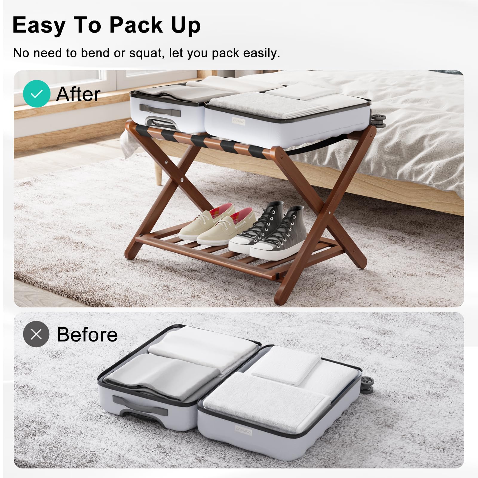 Smuxee luggage on top shelf demonstrating easy access and comfortable height