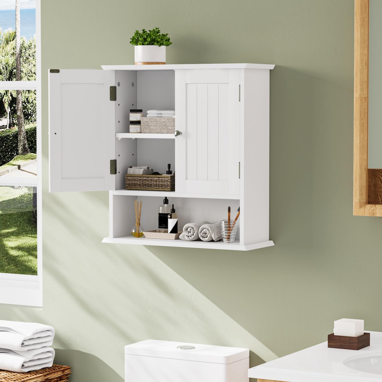Smuxee open doors revealing adjustable shelf for versatile organization