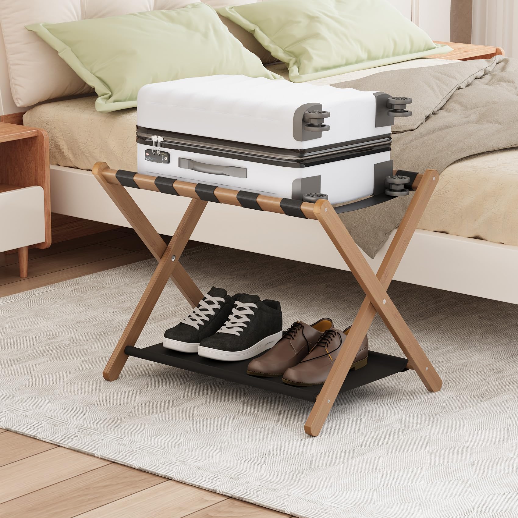 Smuxee walnut bamboo luggage rack front view shows sturdy hotel-style support