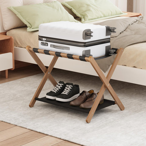 Smuxee walnut bamboo luggage rack front view shows sturdy hotel-style support