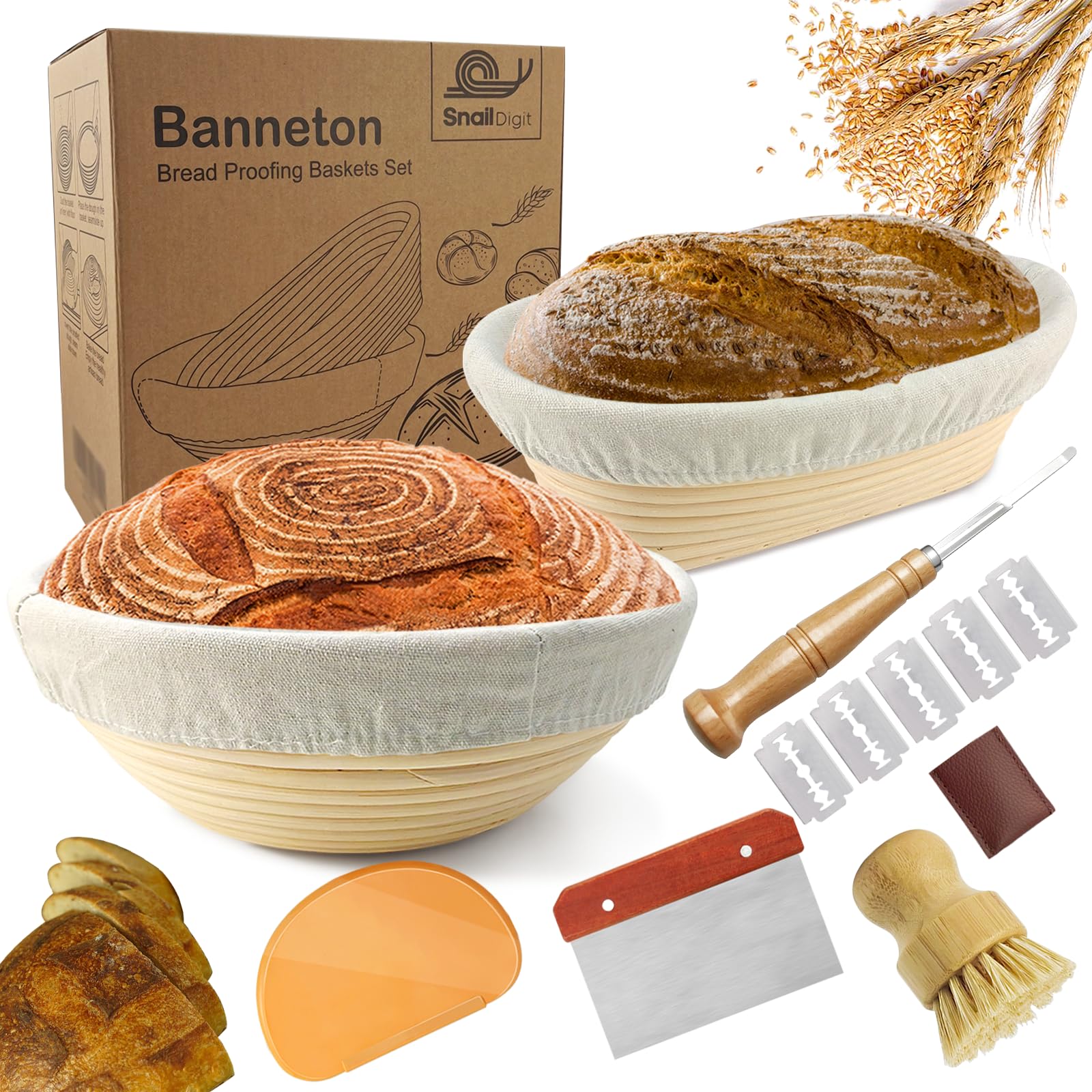 SnailDigit front view of the 2-piece banneton set showing packaging and included tools benefits consistency