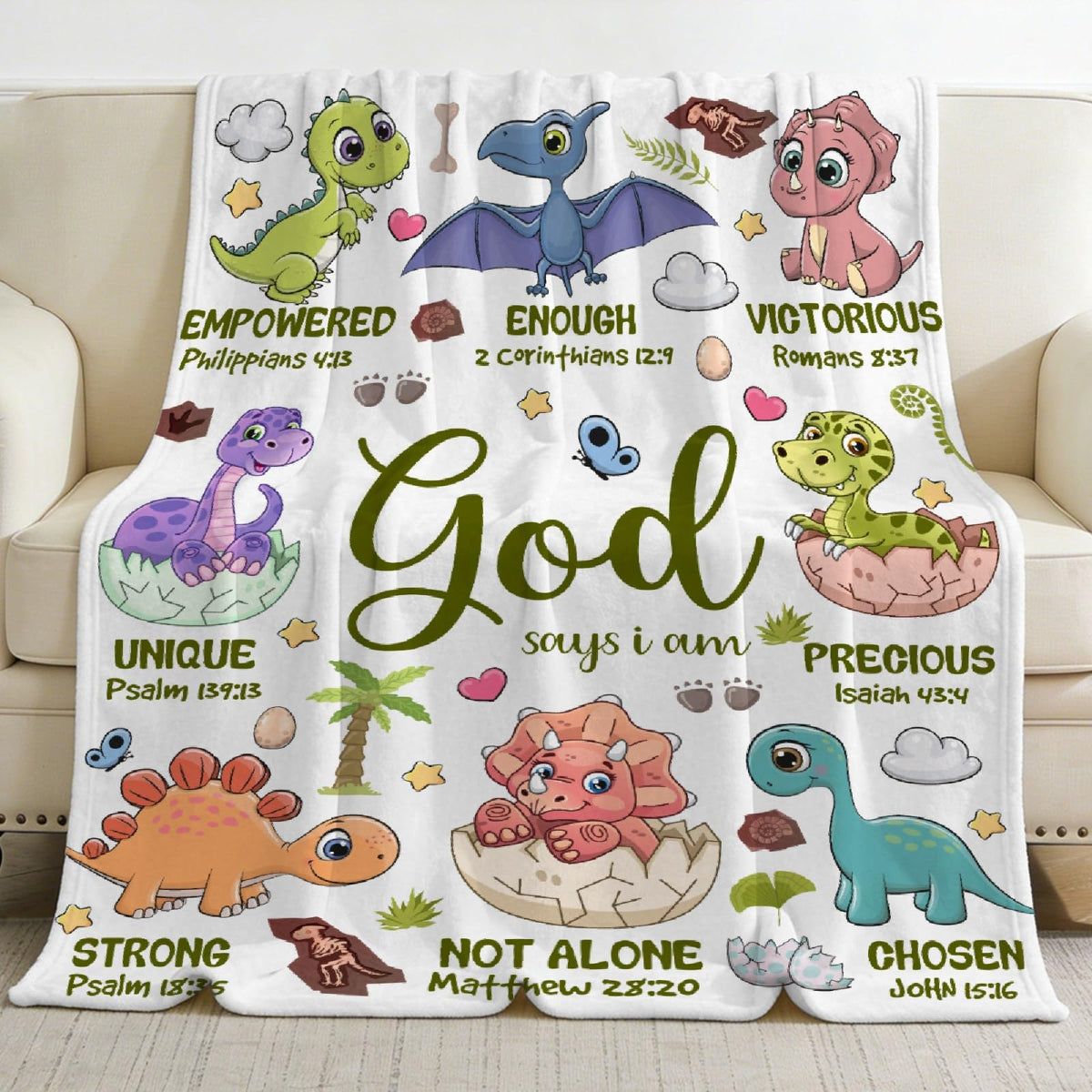 Snanna front view of throw blanket showing dinosaur artwork and verse for comforting decor