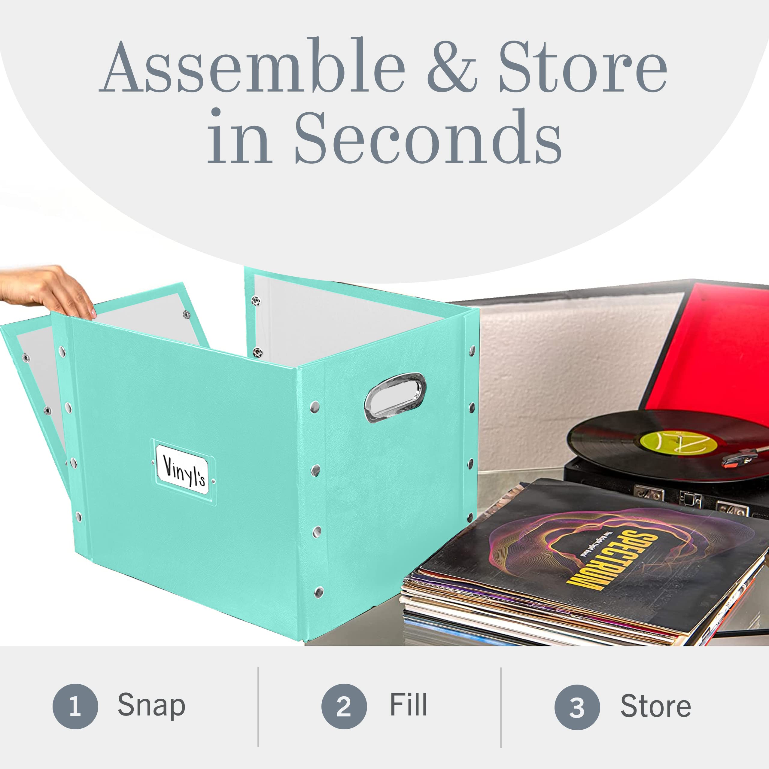 Snap-N-Store mint crate next to turntable offering stylish functional storage